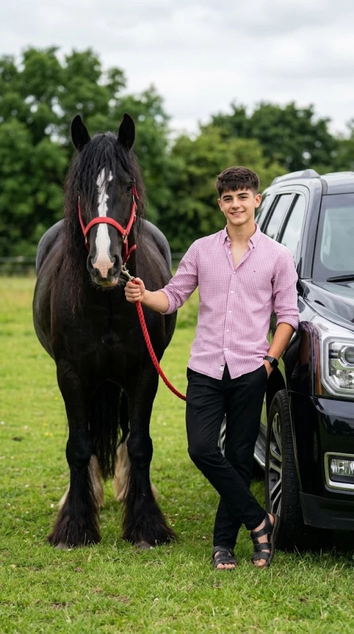 Black Horse & Black SUV Countryside Portrait