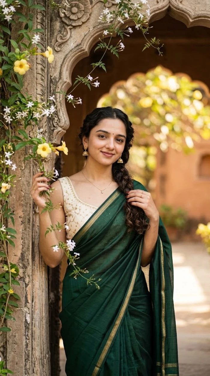 Bottle Green Saree Heritage Portrait