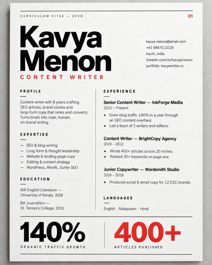 Content Writer Resume — Swiss Minimal (Black & Red)