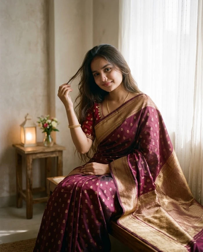 Elegant Wine-Maroon Saree Portrait