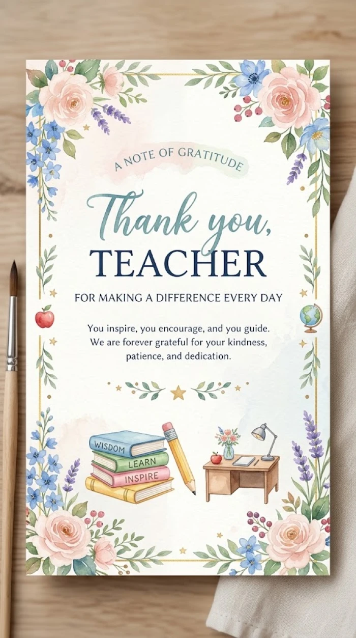 Floral Watercolor Teacher Thank You Card