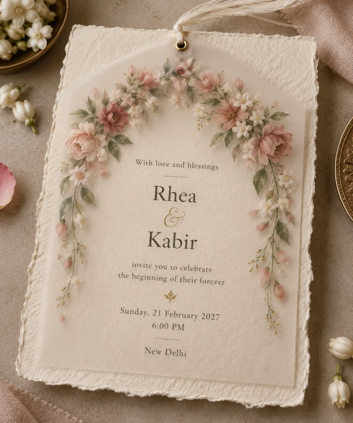Handmade Ivory Invitation with Floral Vellum Overlay