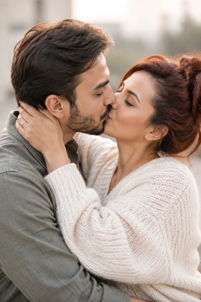 Intimate Close-Up Couple Kiss Portrait