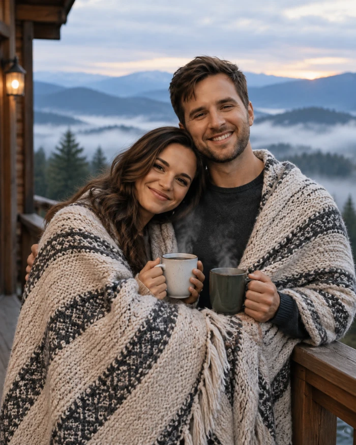 Misty Mountain Balcony Hug Portrait
