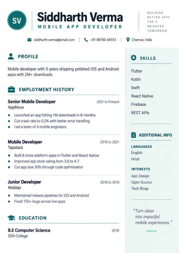 Mobile App Developer (Employment-History, teal accent)