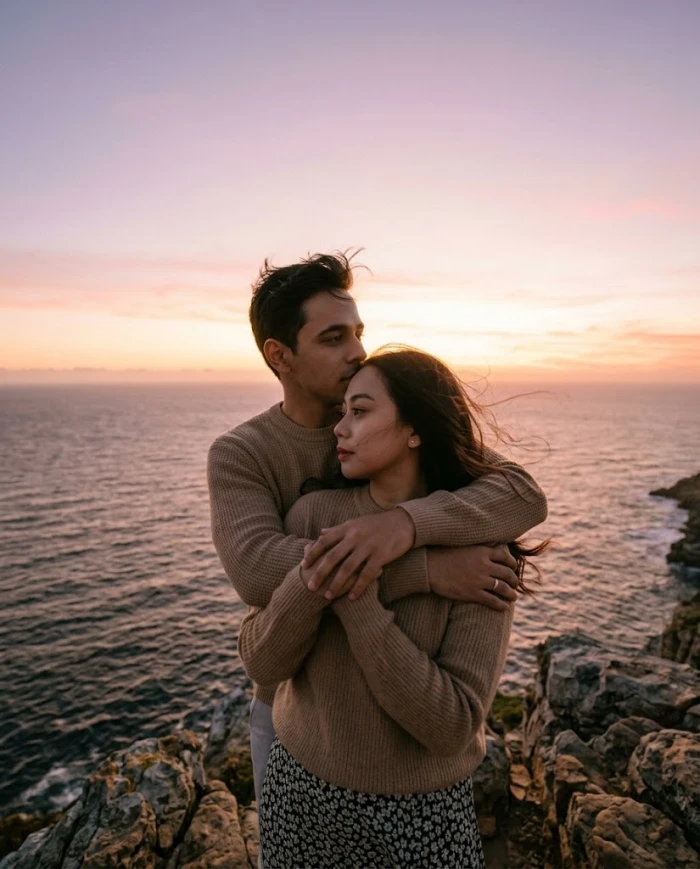 Ocean Cliff Couple Back Hug Portrait