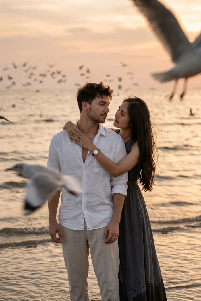 Ocean Shore Couple Romantic Moment
