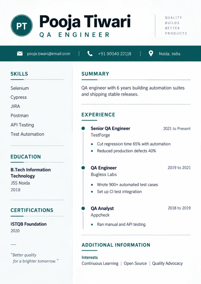 QA Engineer (Top Contact Bar, Two-Column Body)