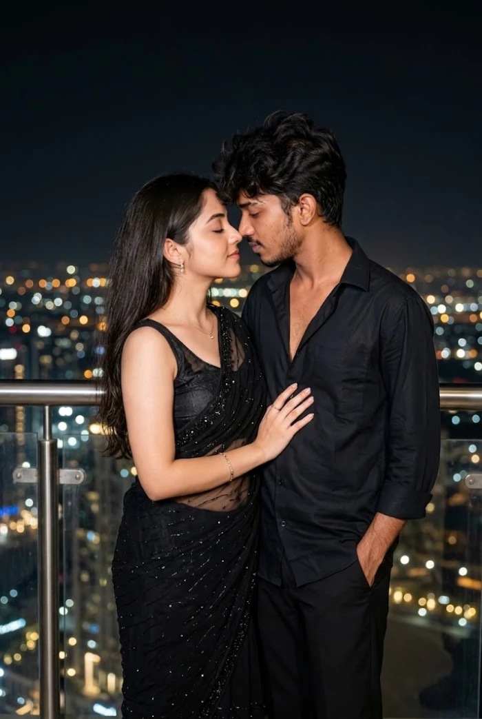 Romantic Midnight Balcony Couple Portrait