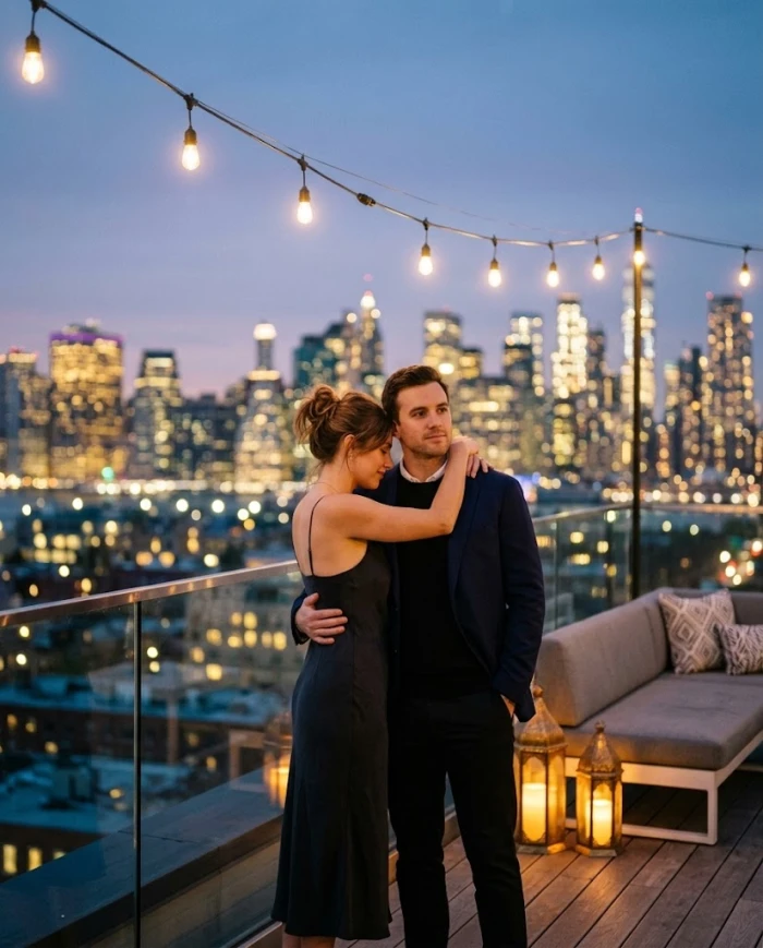 Rooftop Skyline Hug Portrait