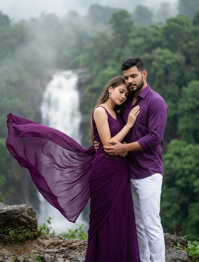 Waterfall Rainy Pre-Wedding Couple Scene
